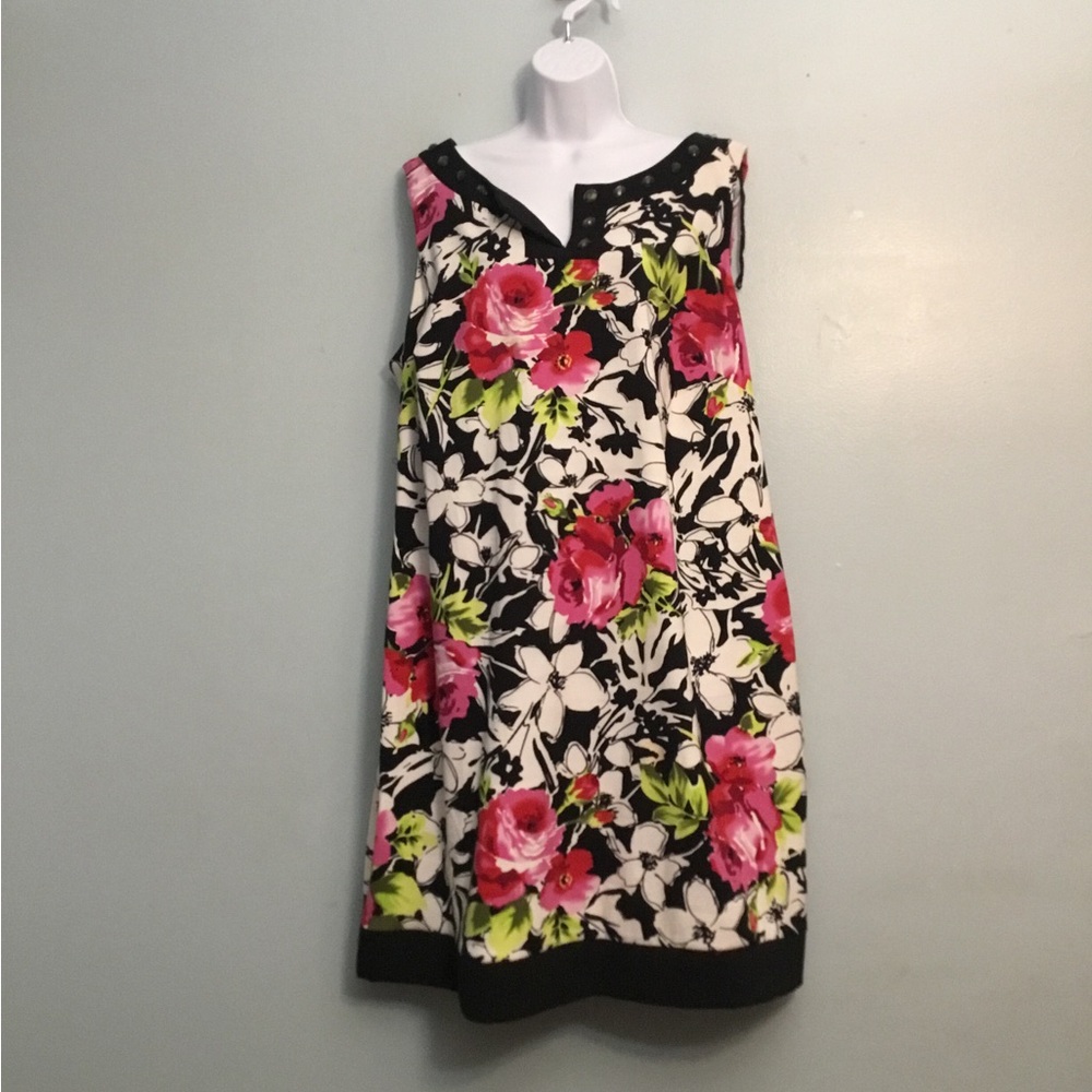 Perceptions Floral Mini Dress in Black with Pink and Green Accents - Picture 2 of 15